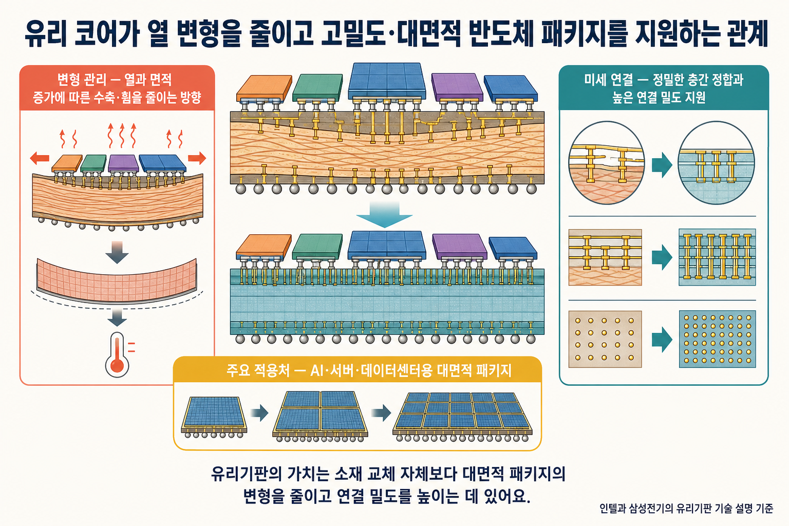 유리 코어가 열 변형을 줄이고 고밀도·대면적 반도체 패키지를 지원하는 관계